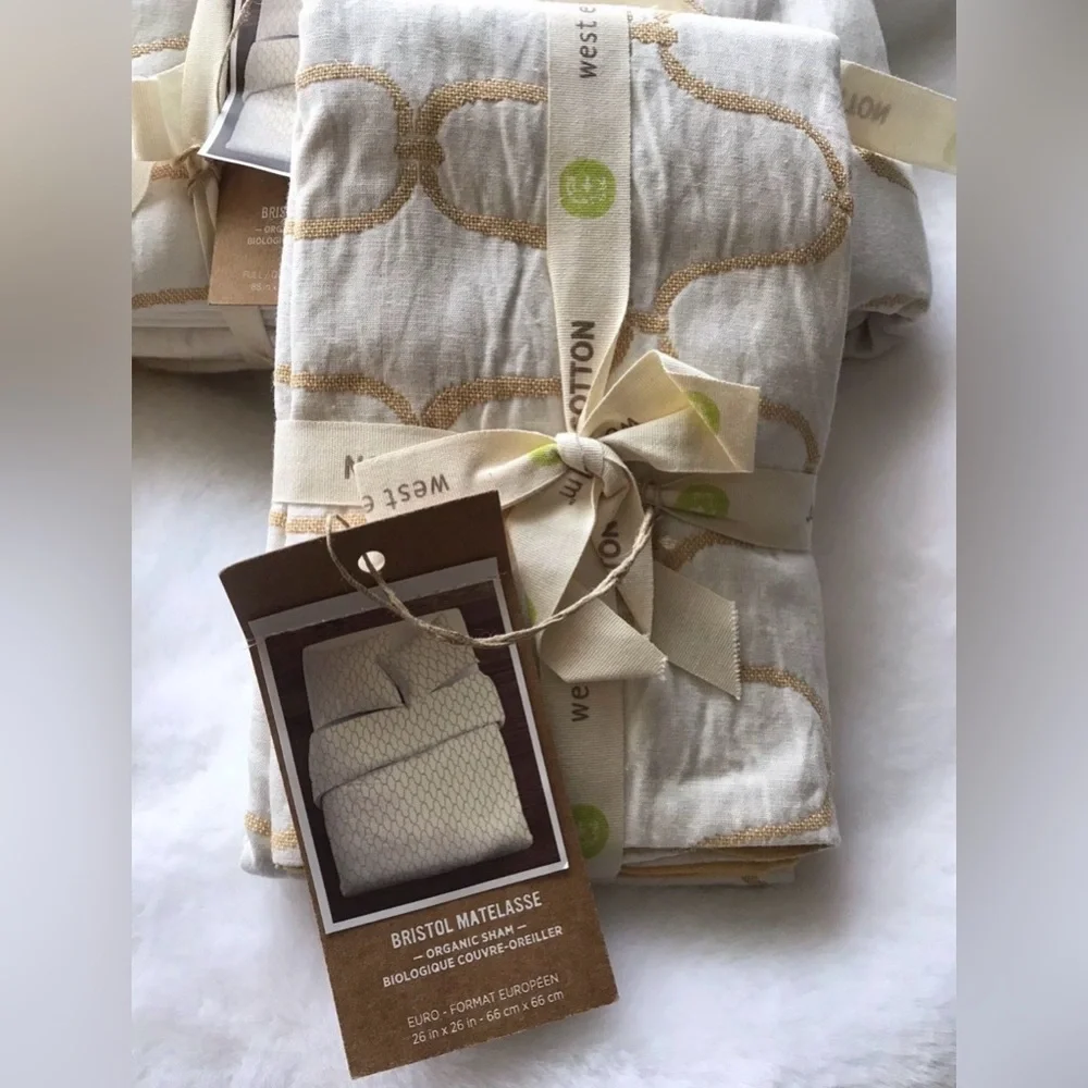 NWT West Elm Organic Bristol Matelasse Queen Duvet Cover & 2 Euro Shams Bedding